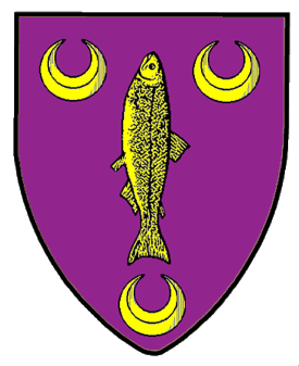 Purpure, a fish haurient between three crescents Or.