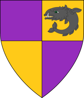 Quarterly purpure and Or, in sinister chief a whale haurient embowed sable