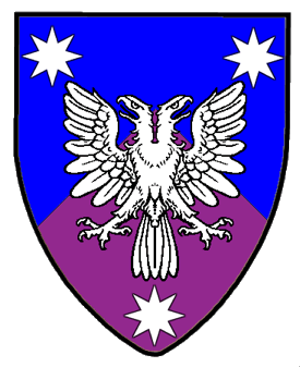 Per chevron azure and purpure, a double-headed eagle between three mullets of eight points argent.