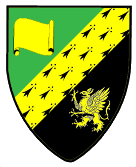 Per bend sinister vert and sable, a bend sinister erminois between an open scroll fesswise and a griffin segreant Or.