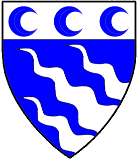 Azure, issuant from sinister base three piles wavy, on a chief argent three decrescents azure.