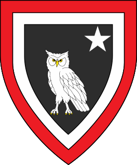 Sable, an owl and in sinister canton a mullet argent, a bordure parted bordurewise argent and gules.