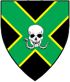 Sable, on a saltire vert fimbriated Or a skull argent sustaining in its mouth a serpent fesswise Or.