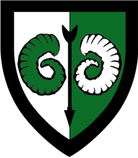 Per pale argent and vert, between a pair of ram's horns, stumps to center counterchanged, an arrow, a bordure sable