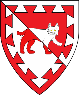 Per bend gules and argent, a lynx passant contourny guardant, a bordure dovetailed counterchanged.