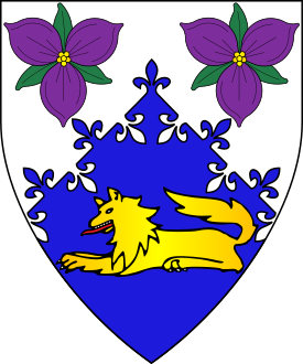 Per chevron flory counter-flory argent and azure, two trilliums purpure barbed and seeded proper and a wolf couchant Or