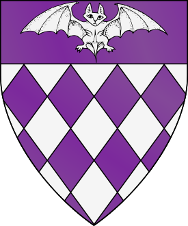 Lozengy argent and purpure, on a chief purpure a reremouse argent.