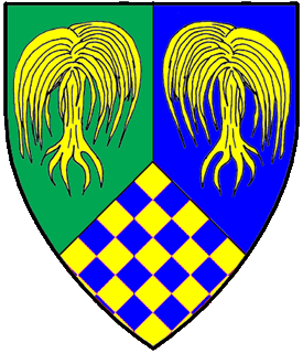 Per pall inverted vert, azure, and lozengy Or and azure, in chief two weeping willow trees Or.