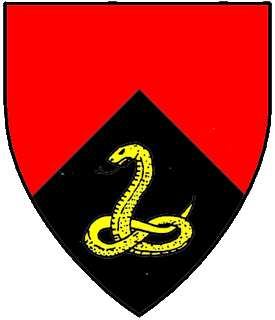 Per chevron gules and sable, in base a snake coiled erect Or.
