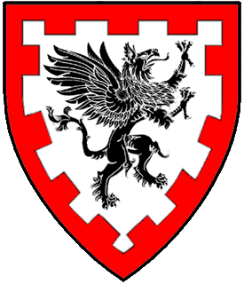 Argent, a griffon rampant to sinister sable and a bordure embattled gules.