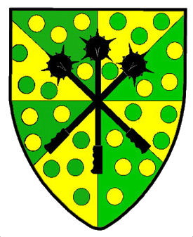 Gyronny vert and Or, semy of roundels counterchanged, a sheaf of maces sable.