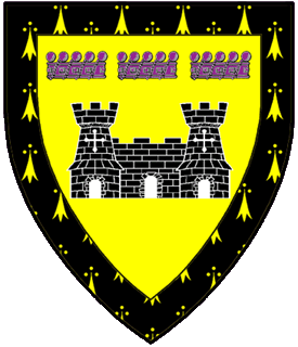 Or, a castle sable and in chief three pearled coronets purpure all within a bordure pean.