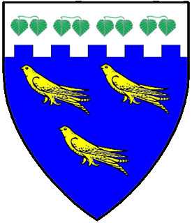 Azure, three martlets Or, on a chief embattled argent four pairs of aspen leaves inverted conjoined at the stems vert.