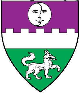 Per fess purpure and vert, a fess embattled between a moon in her plenitude and a she-wolf passant contourny argent.