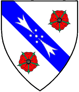 Argent, upon a bend azure between two roses proper, an ermine spot inverted conjoined with an ermine spot argent.
