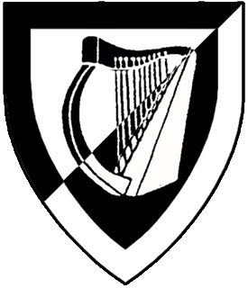 Per bend sinister argent and sable, a harp within a bordure counterchanged.