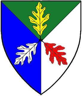 Per pall vert, azure, and argent, three oak leaves conjoined in pall inverted Or, argent, and gules.
