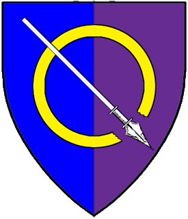 Per pale azure and purpure, an annulet fracted to sinister base Or and overall a spear bendwise inverted argent.