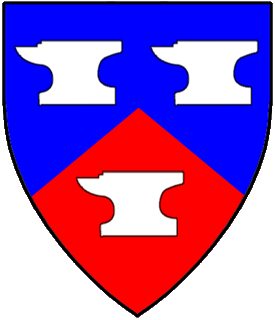 Per chevron azure and gules, three anvils argent.