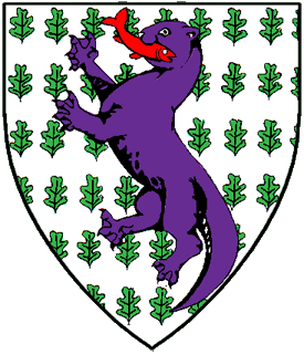 Argent, semy of oak leaves vert, an otter rampant purpure maintaining in its mouth a fish gules.