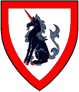 Argent, a unicorn sejant sable armed and a bordure gules.