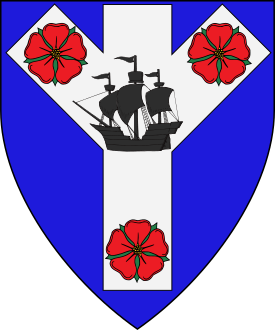 Azure, on an algiz rune argent, in pall a ship under sail sable between three roses gules. Random Arms