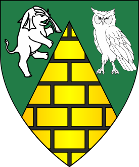 Per chevron throughout vert and Or masoned sable, in chief an elephant rampant to sinister and an owl argent.