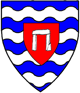 Barry wavy azure and argent, on an inescutcheon gules a Dolmen Or.