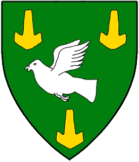 Vert, a bird volant wings addorsed argent between three Thor's hammers Or.