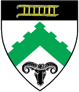 Argent, a chevron embattled vert, in base a ram's head caboshed, and on a chief sable a ladder fesswise Or.