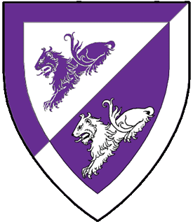 Per bend sinister argent and purpure, two lions couchant bendwise sinister heads to base within a bordure counterchanged.