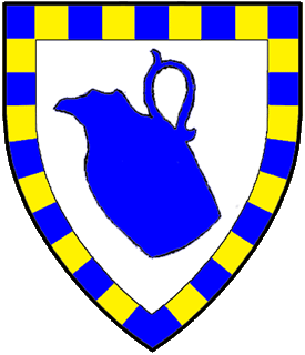 Argent, a pitcher bendwise azure within a bordure compony azure and Or.