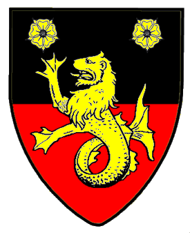 Per fess sable and gules, a sealion erect and in chief two roses Or.