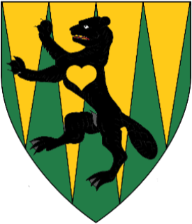 Pily Or and vert, on a beaver rampant sable a heart Or.