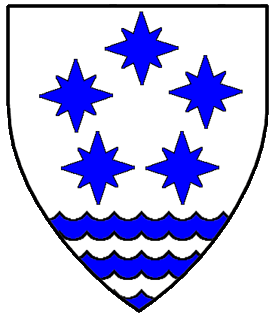 Argent, five compass stars in annulo azure and a base engrailed barry engrailed azure and argent.