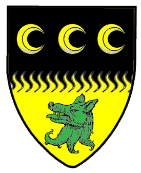 Per fess rayonny sable and Or, three decrescents in fess Or and a boar's head erased vert.