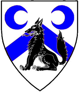 Argent, a chevron, in chief a decrescent and an increscent azure overall a wolf sejant sable.