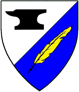 Per bend sinister argent and azure, an anvil sable and a quill pen bendwise sinister Or.