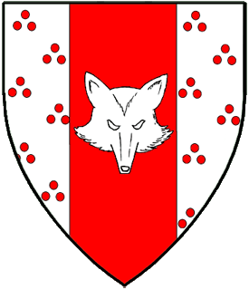 Argent estencely, on a pale gules a fox's mask argent.