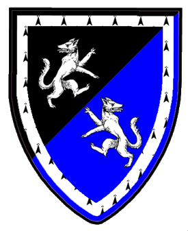 Per bend sinister sable and azure, a wolf rampant reguardant contourny and a wolf rampant reguardant argent, an orle ermine.