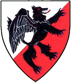 Per bend sinister argent and gules, a winged wolf rampant contourny sable.