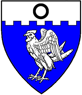 Azure, a bantam cock statant, wings elevated and addorsed, and on a chief embattled argent, an annulet sable.