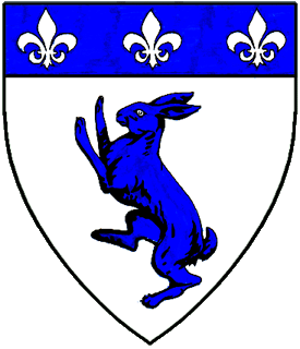Argent, a rabbit rampant and on a chief azure three fleurs-de-lys argent.