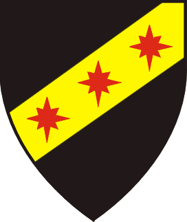 Sable, on a bend sinister Or three compass stars palewise gules.